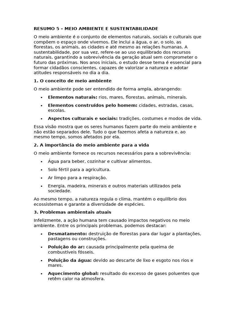 Resumo 5 - Meio Ambiente e Sustentabilidade | PDF | Ambiente natural ...