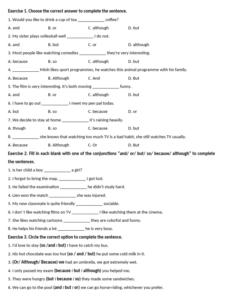 Conjunction Exercises for English Learners | PDF