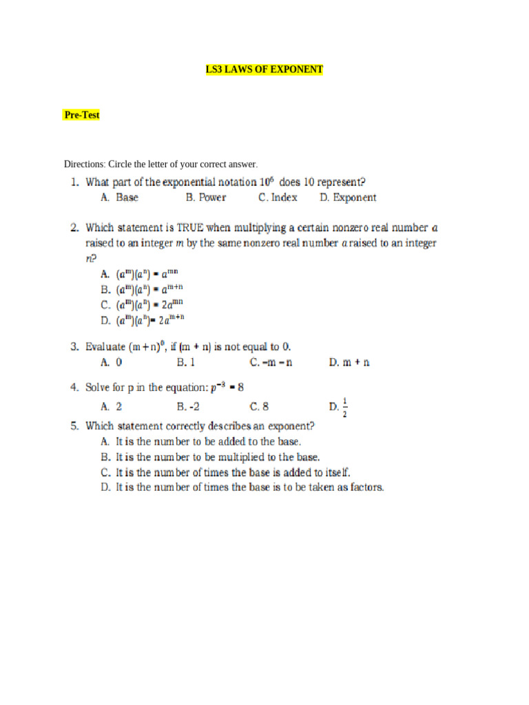 Laws of Exponents Worksheet | PDF