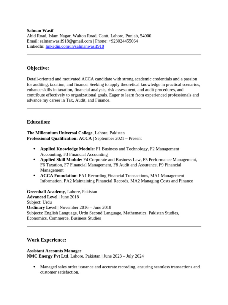 ACCA Candidate Resume: Tax & Audit Skills | PDF | Audit | Internal Control