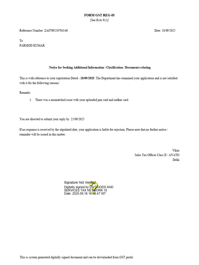 GST REG-03 Notice for Additional Info | PDF