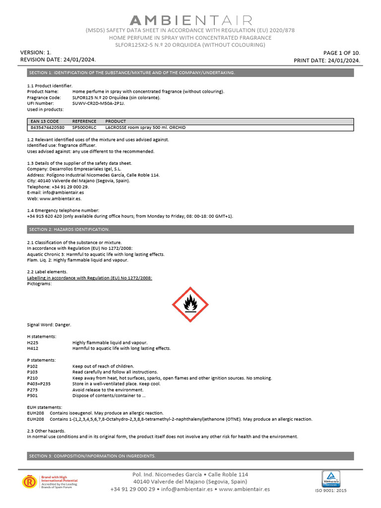 Home Perfume Spray Safety Data Sheet | PDF | Fires | Personal ...