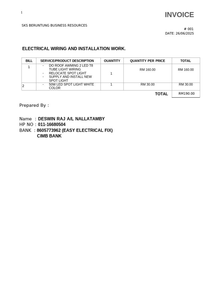 Invoice for Electrical Work | PDF