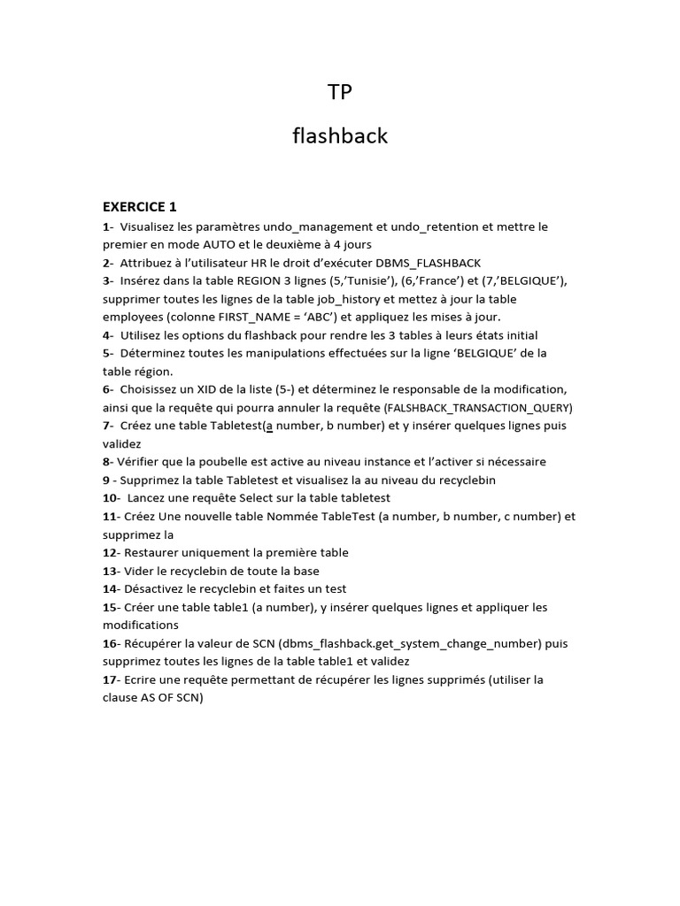 Exercices de Flashback en Oracle DB | PDF