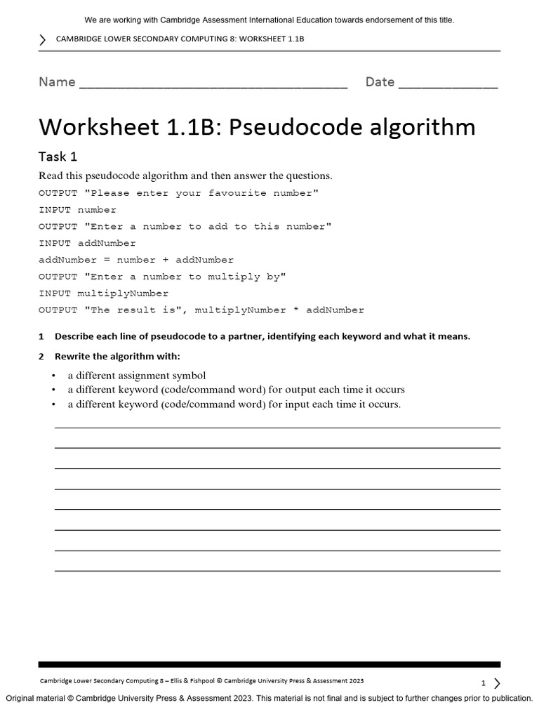 Pseudocode Worksheet for Computing 8 | PDF | Algorithms | Computer ...