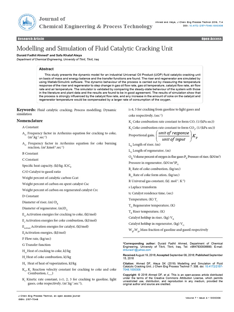 Fluid Catalytic Cracking Simulation Study | PDF | Chemical Engineering ...