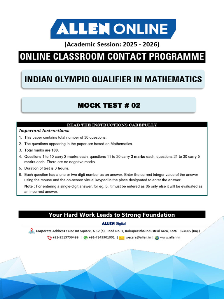 IOQM Mock Test 2 Instructions | PDF | Numbers | Mathematics