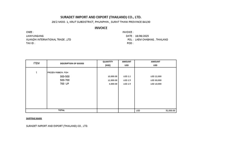 Invoice for Frozen Ribbon Fish Shipment | PDF