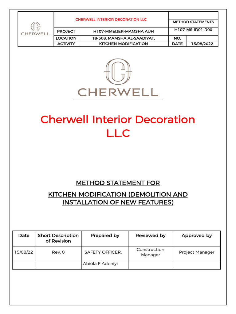 Kitchen Modification Method Statement | PDF | Personal Protective ...