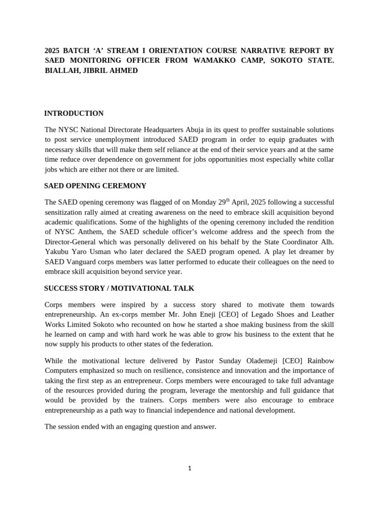 2025 Batch A Stream 1 Sokoto State Saed Report | PDF | Entrepreneurship ...
