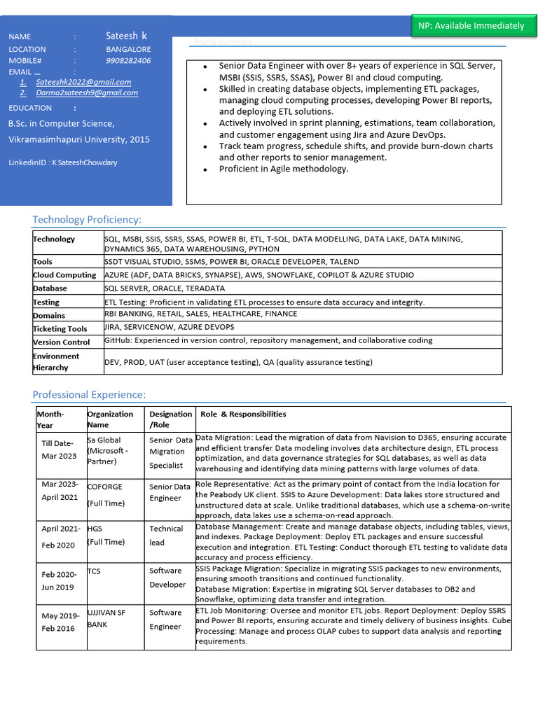 Senior Data Engineer Profile Summary | PDF | Microsoft Sql Server ...