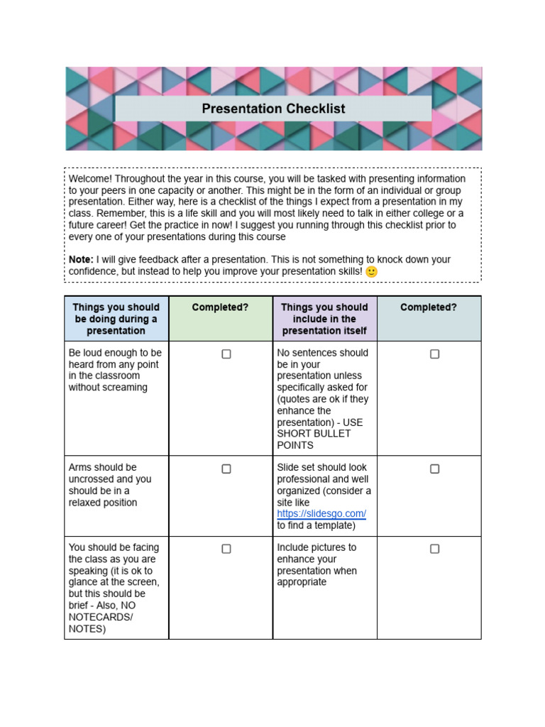 Presentation Skills Checklist Guide | PDF | Learning | Cognition