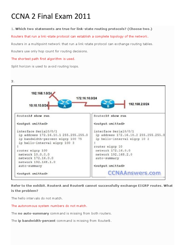 CCNA 2 Final Exam Review Questions | PDF | Routing | Router (Computing)