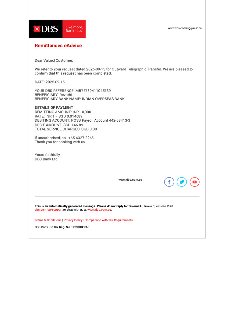 DBS eAdvice for Remittances | PDF