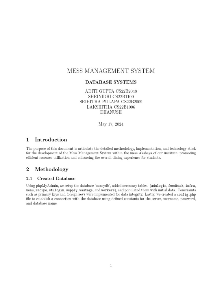 Mess Management System Overview | PDF | Databases | Sql