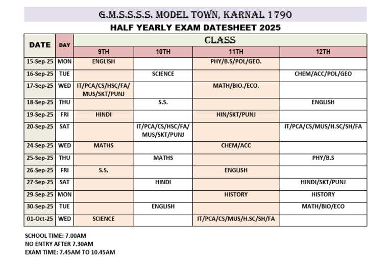 2025 Half Yearly Exam Schedule | PDF