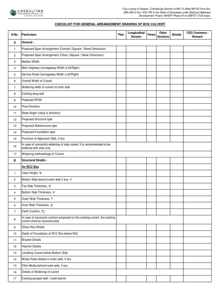Box Culvert General Arrangement Checklist | PDF | Civil Engineering