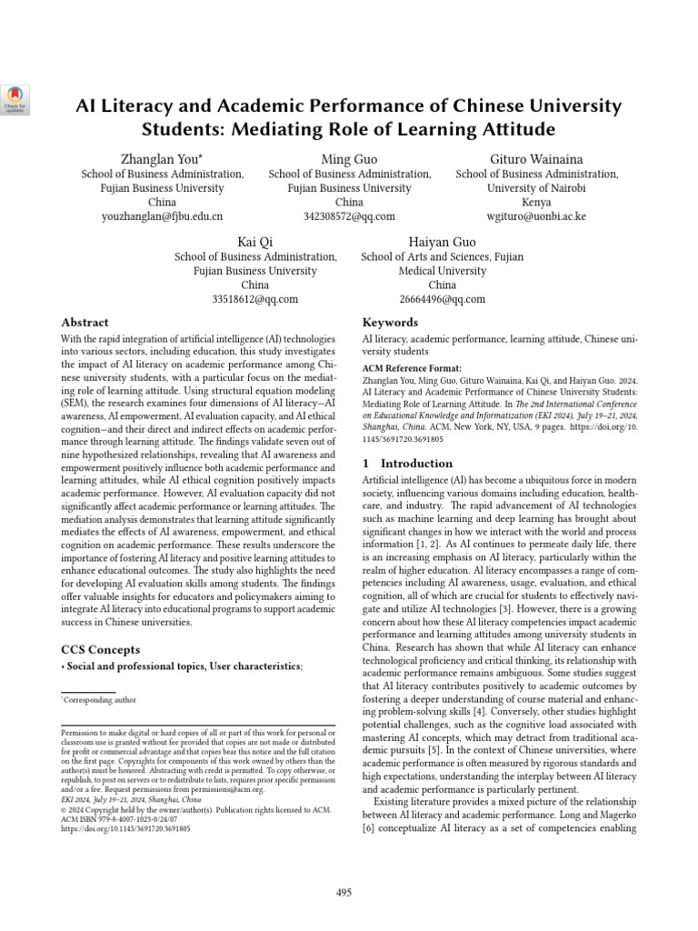 AI Literacy and Academic Performance of Chinese University Students ...