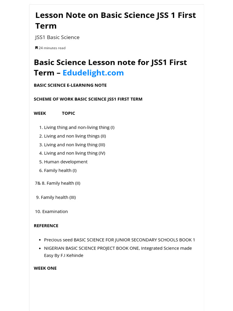 Lesson Note On Basic Science JSS 1 First Term | PDF | Foods | Puberty
