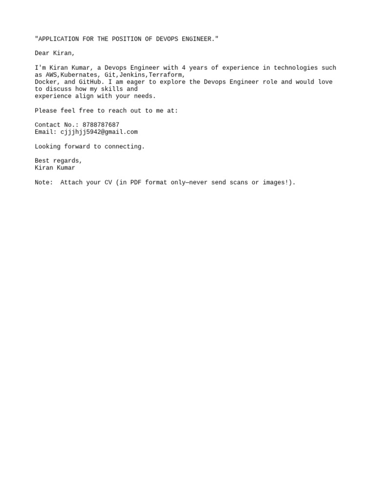 DevOps Engineer Application by Kiran Kumar | PDF