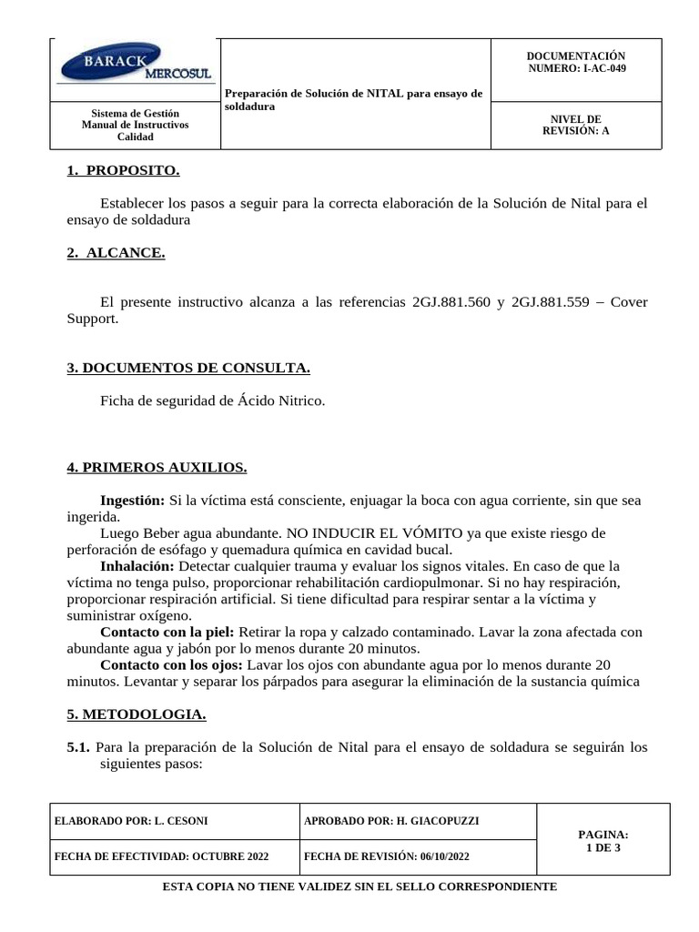 Preparación de Solución de NITAL | PDF | Agua