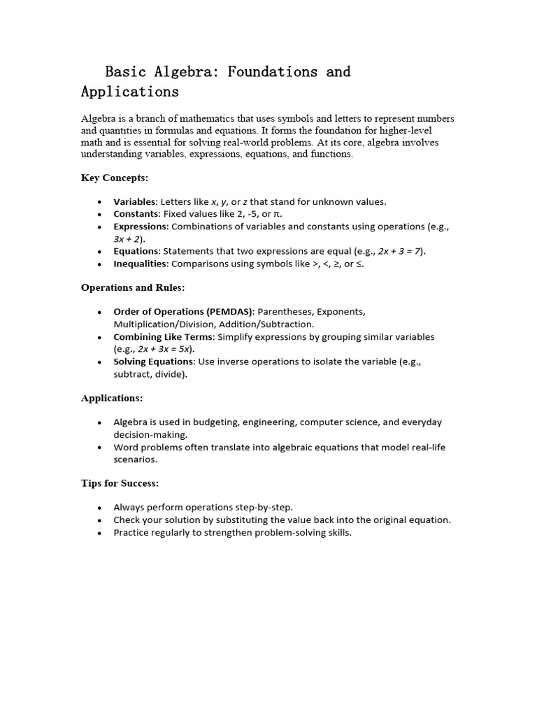 Basic Algebra Concepts and Applications | PDF