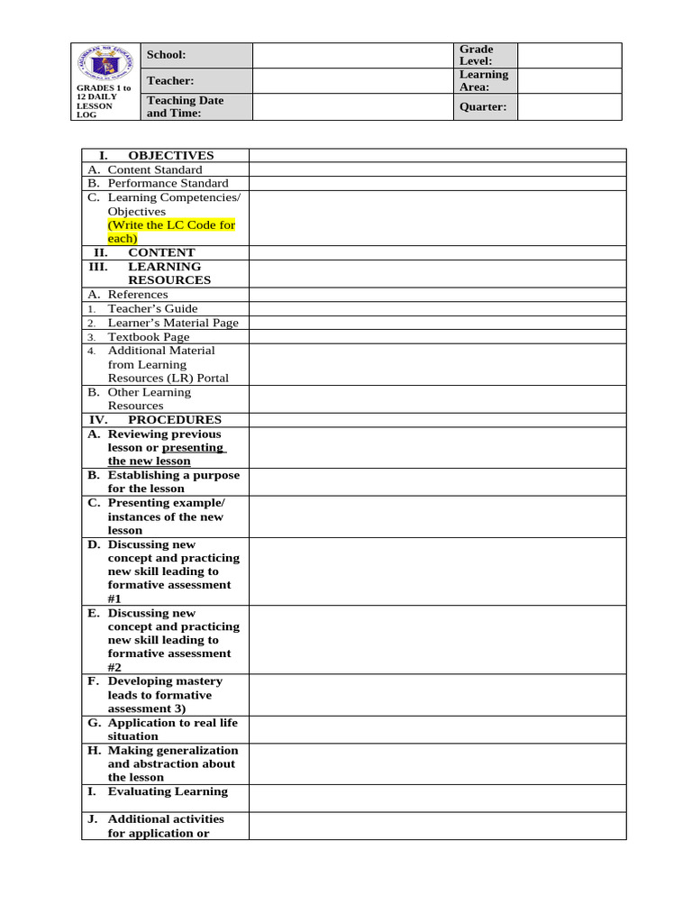 42 S. 2016 Daily Lesson Log Template | PDF
