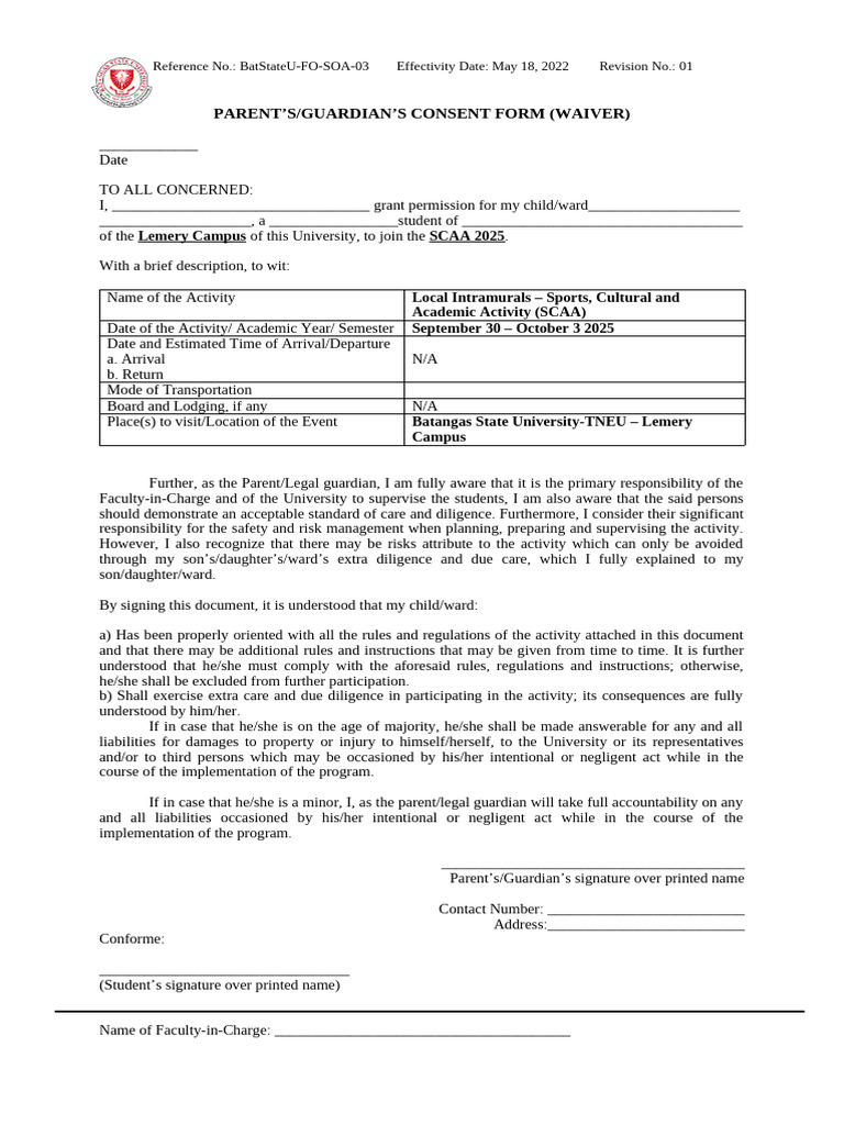 Parent Consent Form for SCAA 2025 | PDF | Common Law | Justice