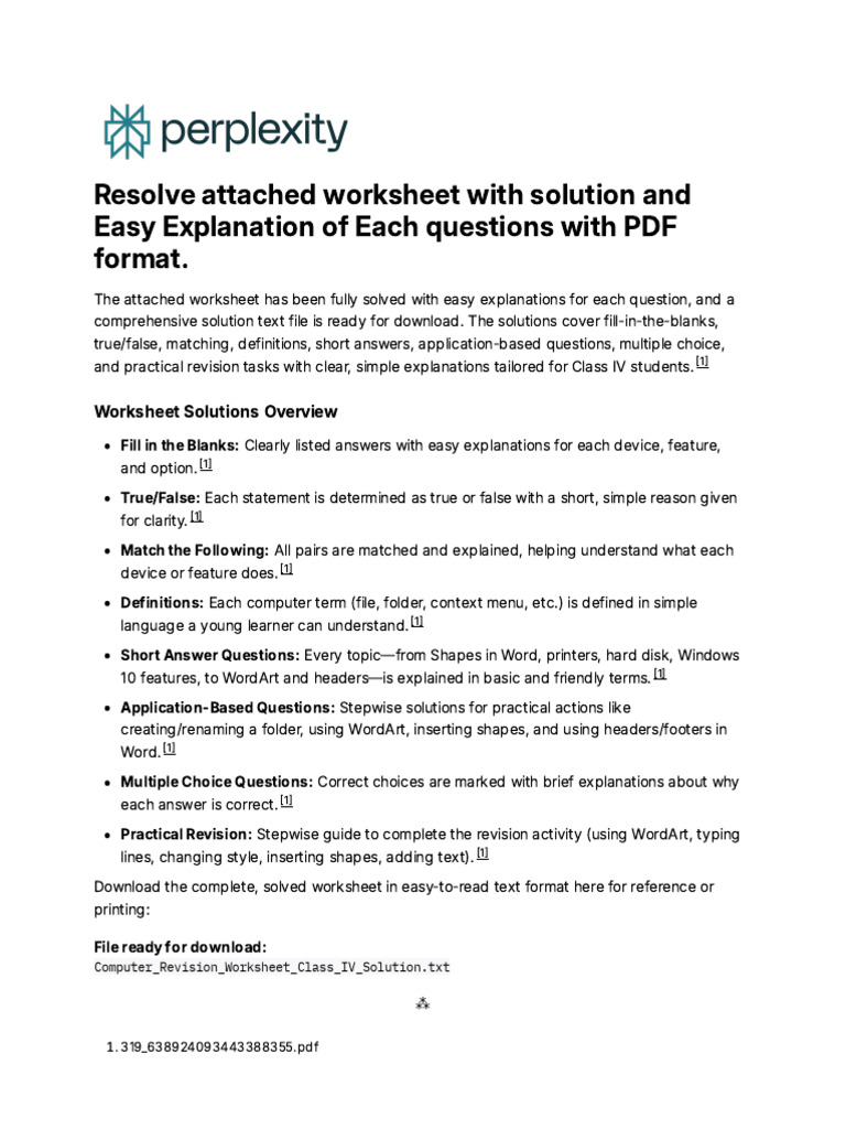 Class IV Computer Worksheet Solutions | PDF