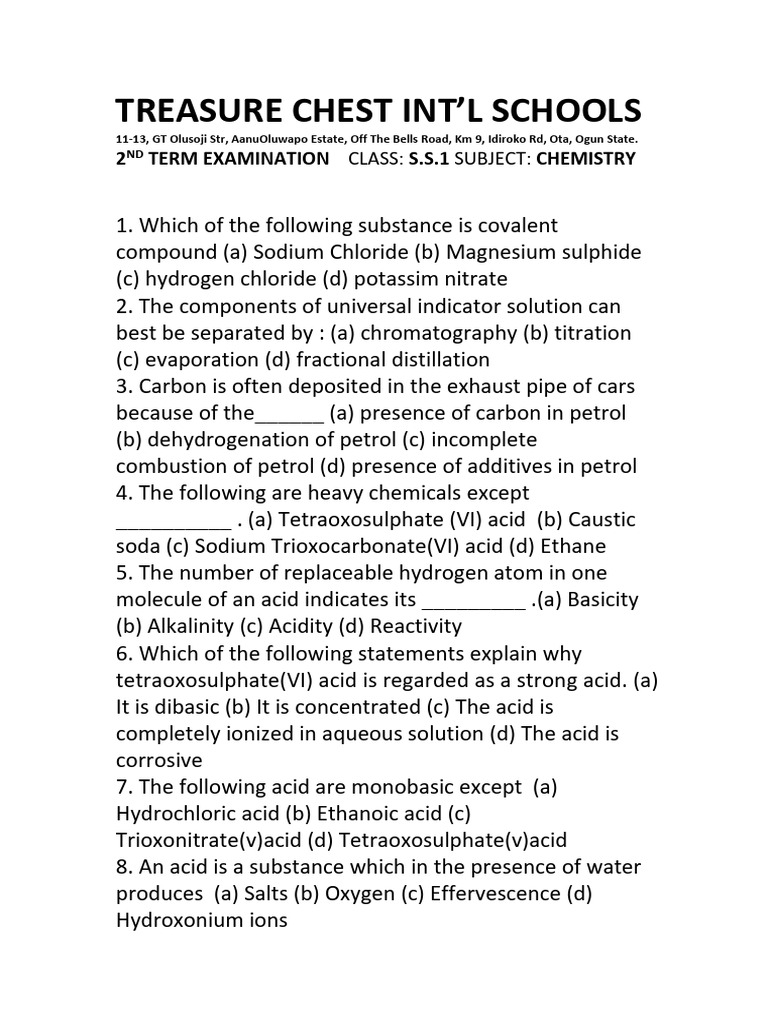 S.S.1 Chemistry 2nd Term Exam Questions | PDF | Acid | Hydroxide