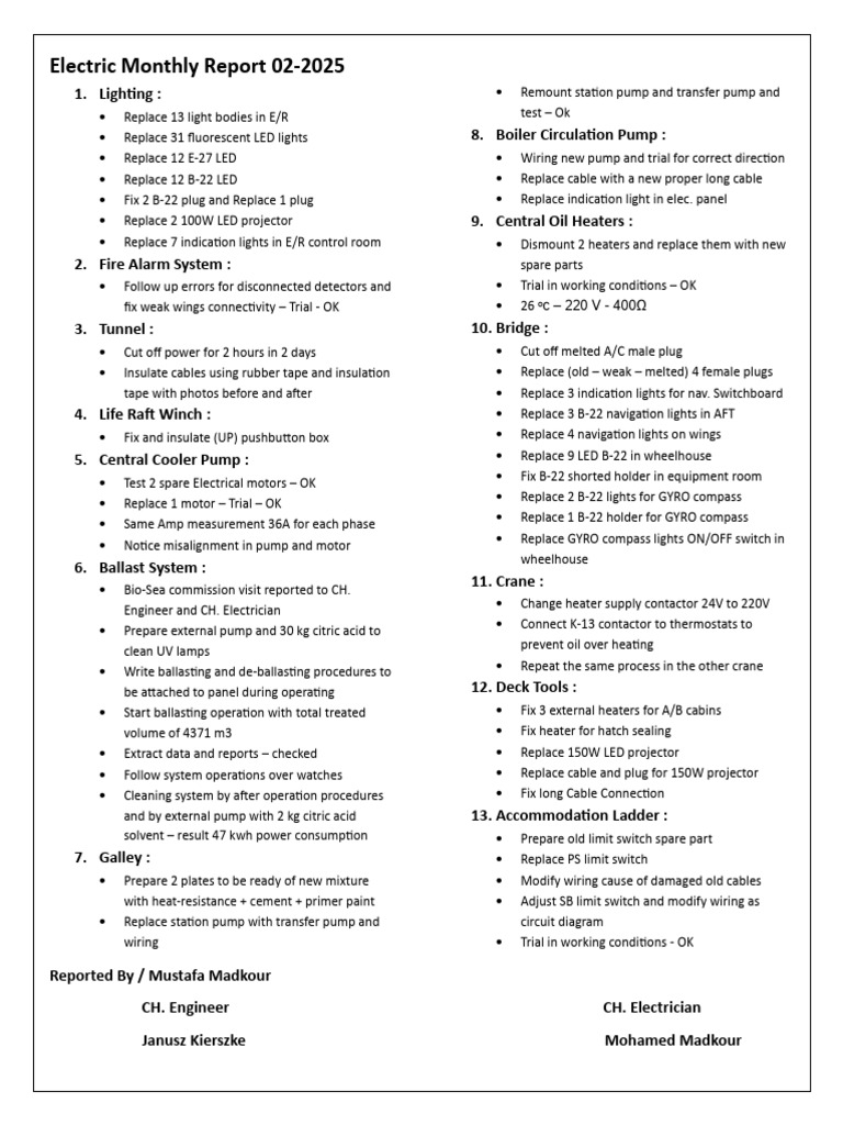February 2025 Electric Maintenance Report | PDF | Electrical ...