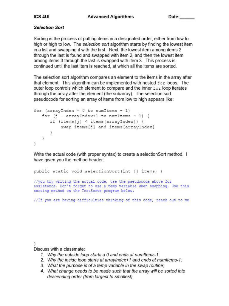 Selection Sort Algorithm Explained | PDF | Theoretical Computer Science ...