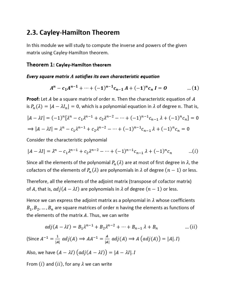 Cayley-Hamilton Theorem: Statement & Proof | PDF | Algebra | Applied ...