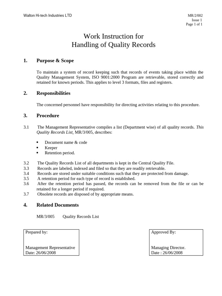 E. ISO 9001 Work Instructions For Handling of Quality Records | PDF