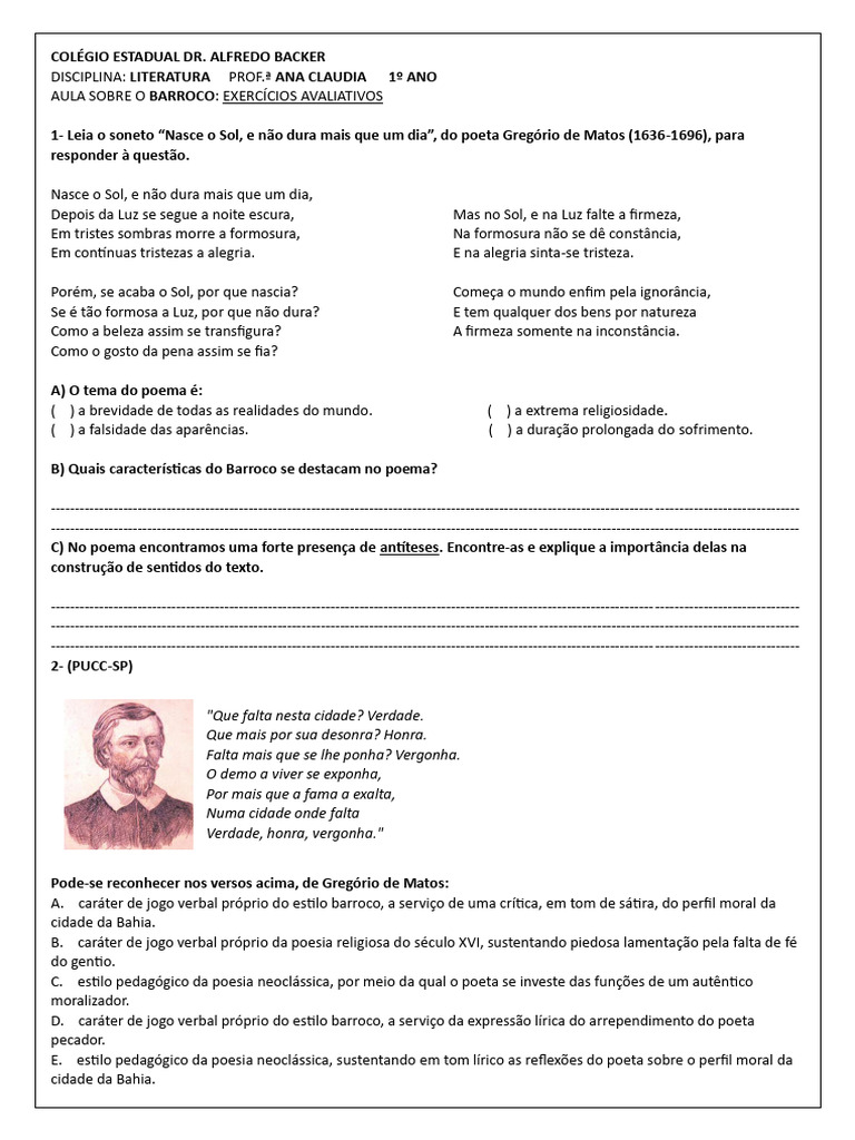 Exercícios sobre o Barroco na Literatura | PDF | Barroco | Poesia