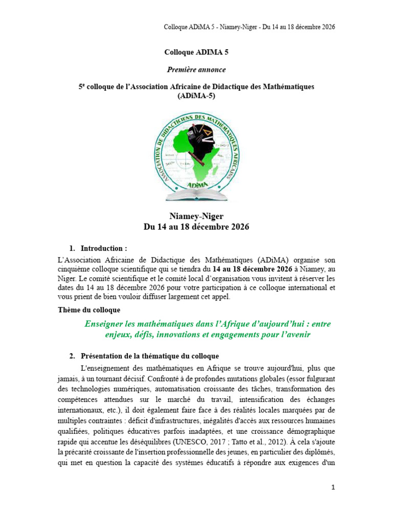 Colloque ADiMA 5 : Enseignement des Mathématiques en Afrique | PDF ...