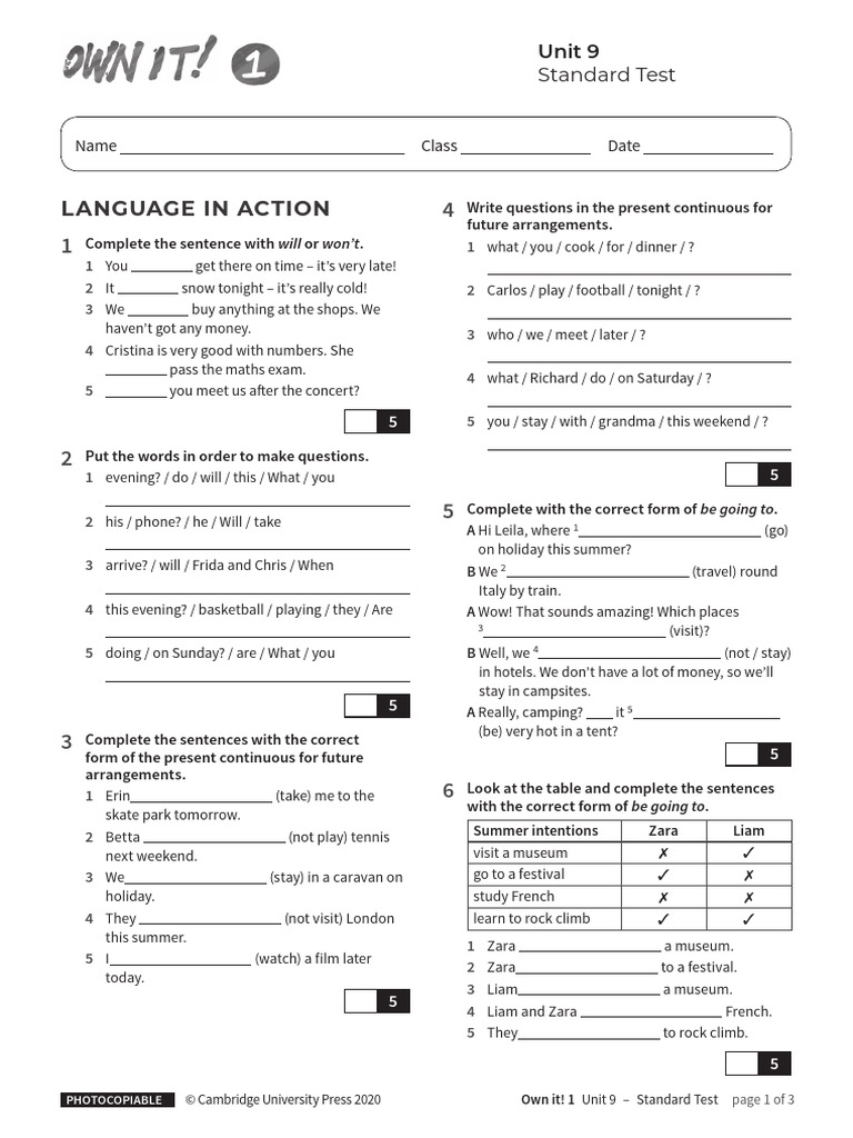 Unit 9 Standard Test: Future Tenses | PDF