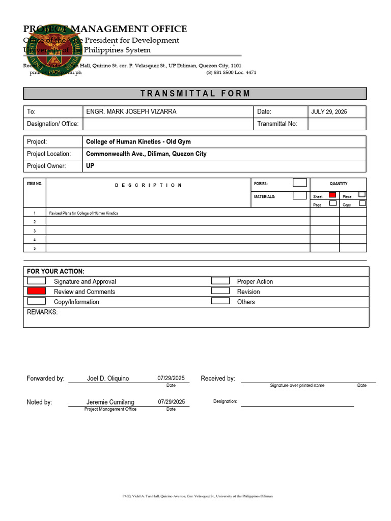 UP Project Management Transmittal Form | PDF