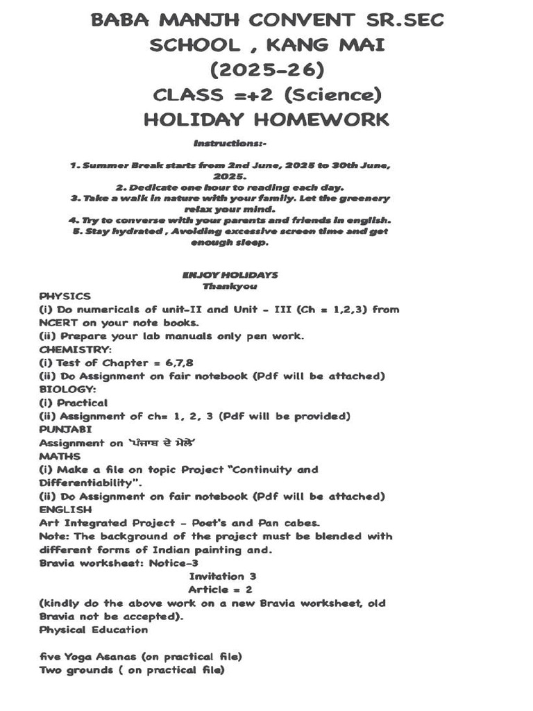 Class 12 Science Holiday Homework 2025-26 | PDF