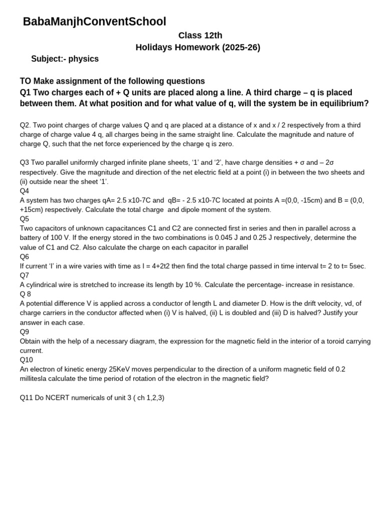 12th Physics HW | PDF