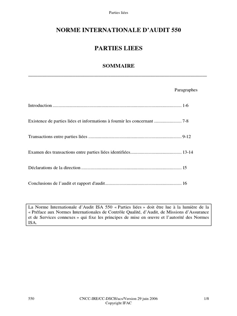 Norme ISA 550 : Parties Liées | PDF | Audit | Normes internationales d ...