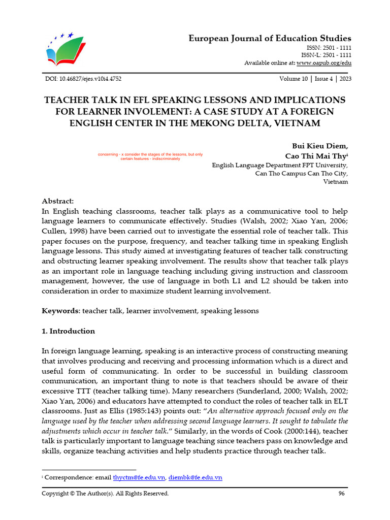 Teacher Talk in EFL Lessons: A Study | PDF | English As A Second Or ...