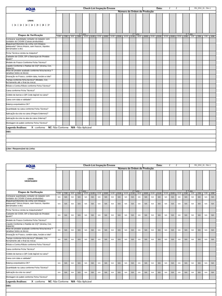 RG - ENV - 01 Checklist de Inspeção Envase - Rev.1 | PDF