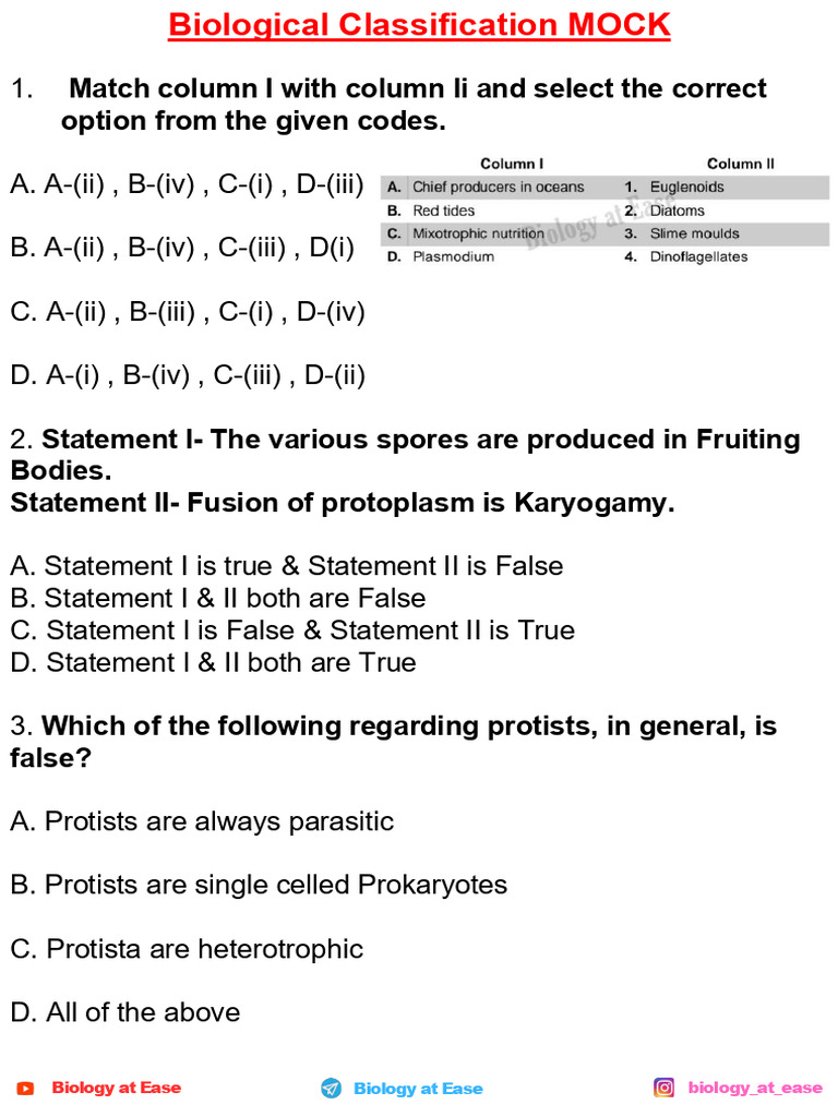 Biology Classification Mock Test | PDF | Microbiology | Life Sciences