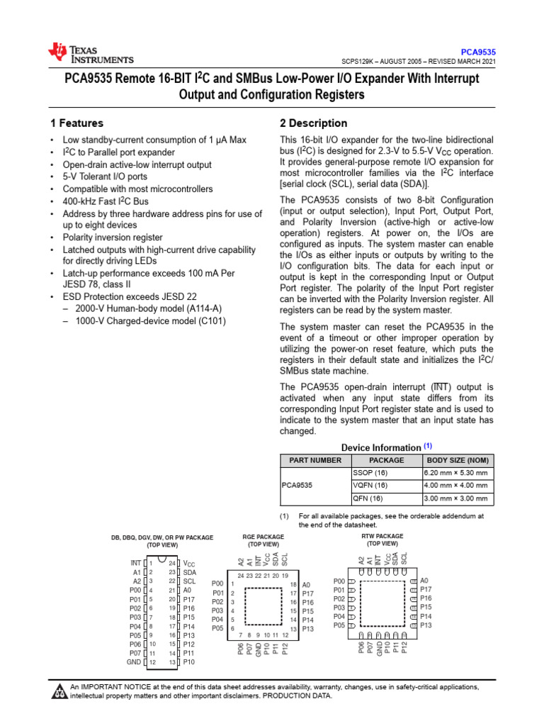 PCA9535 I2C 16-Bit I/O Expander | PDF | Computer Engineering ...