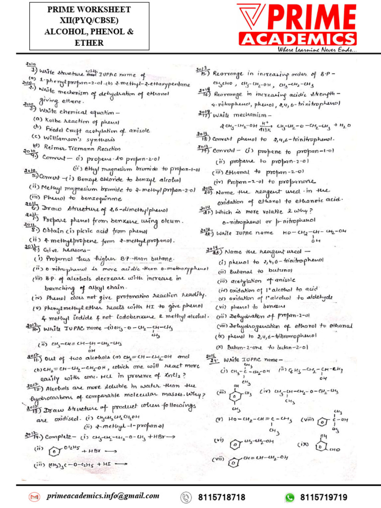 XII PYQ CBSE Alcohol Phenol Ether | PDF