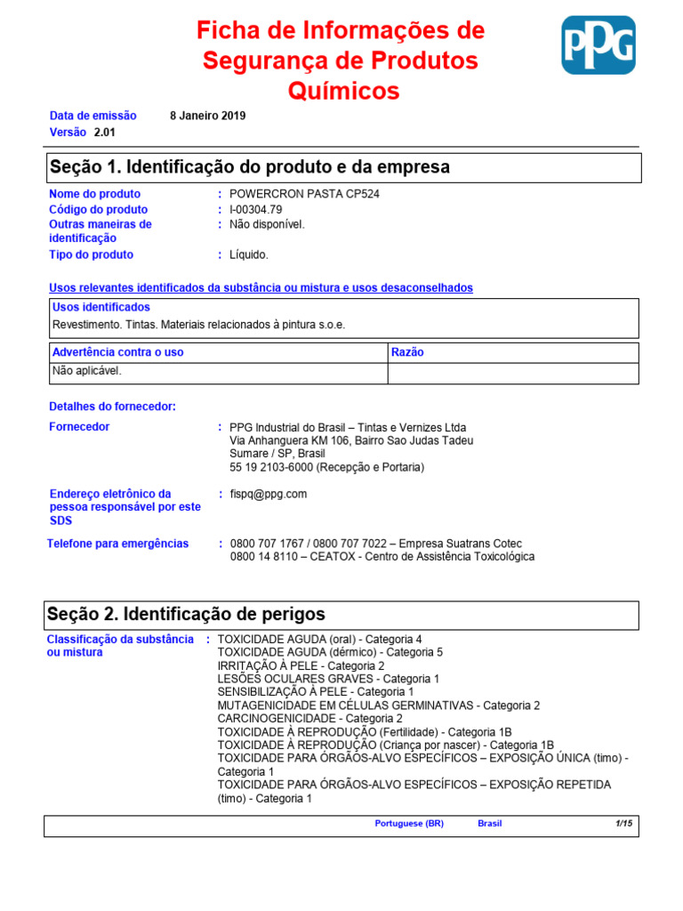 Ficha de Segurança POWERCRON PASTA CP524 | PDF | Desperdício | Solubilidade