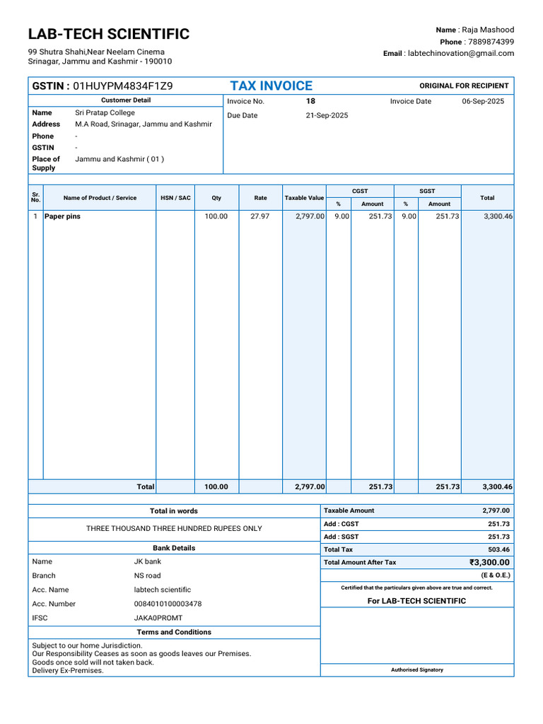 Tax Invoice for Sri Pratap College | PDF | Government | Sales