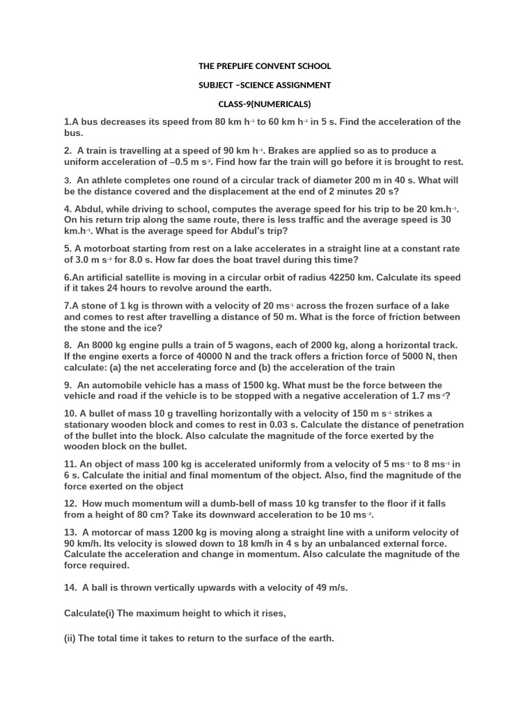 Class 9 Science Assignment: Numericals | PDF | Force | Acceleration