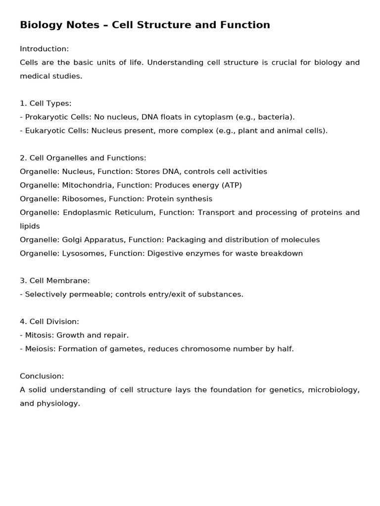 Cell Structure and Function Overview | PDF